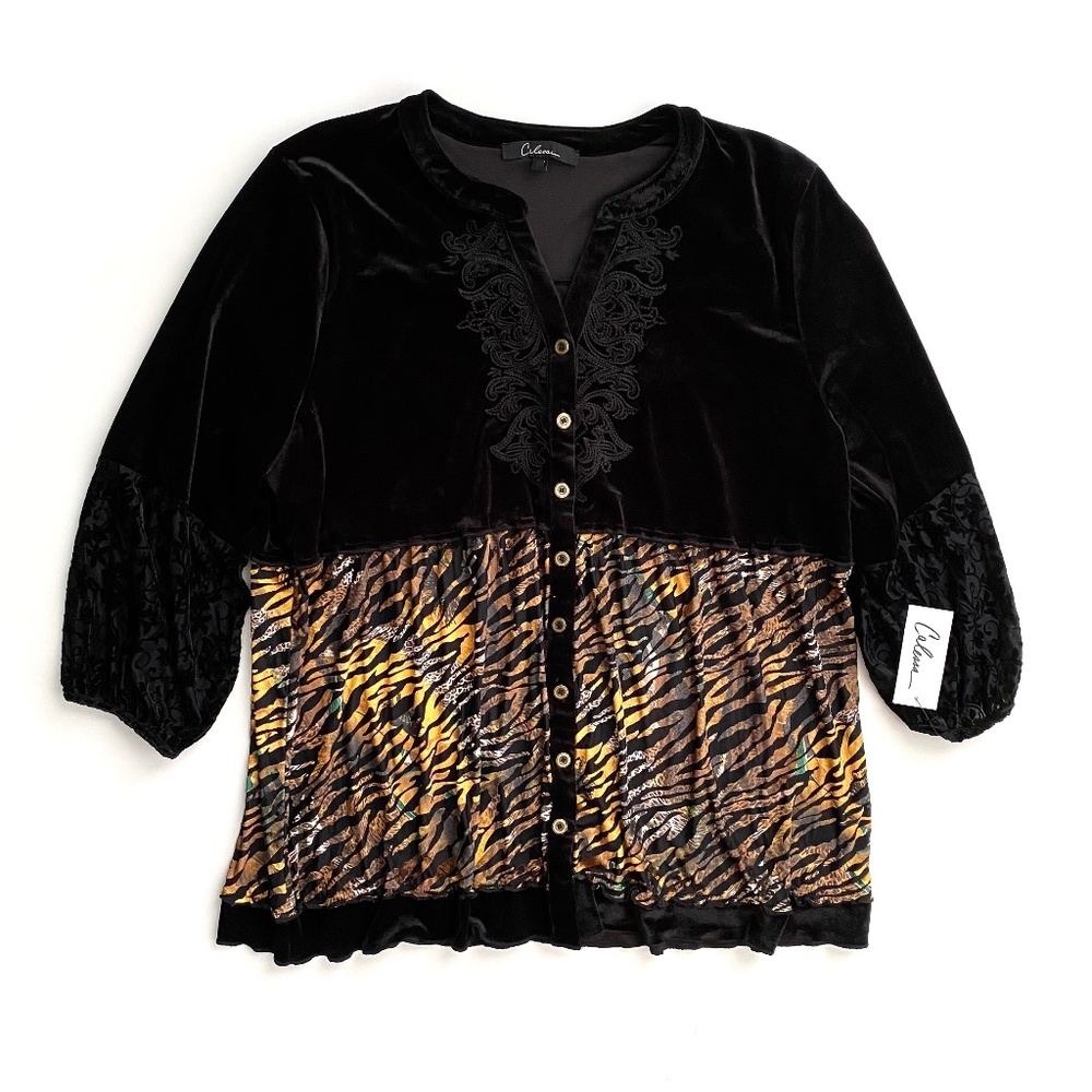 Calessa Nwt Black Embroidered Velvet Blend Animal V Neck 3/4 Sleeve Tunic Top 1X
